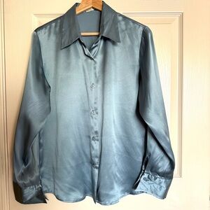 Women’s 100% Silk Satin Button-Up Blouse Dusty Blue Sz M Relax Fit Office Luxury